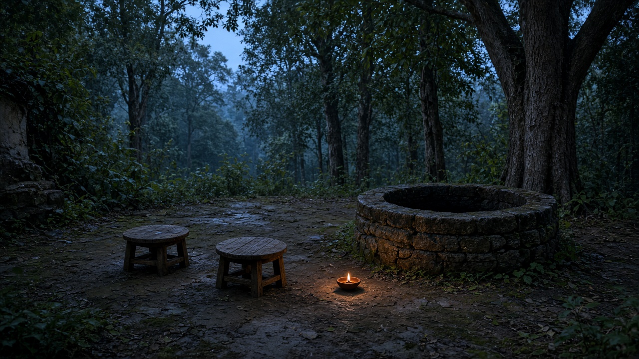 An ashram courtyard, empty of people. Still made for this edition.