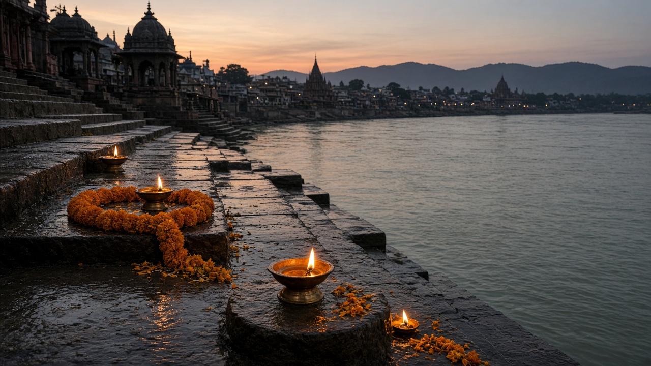 A dusk ghat in the spirit of Haridwar. Still made for this edition; no people.