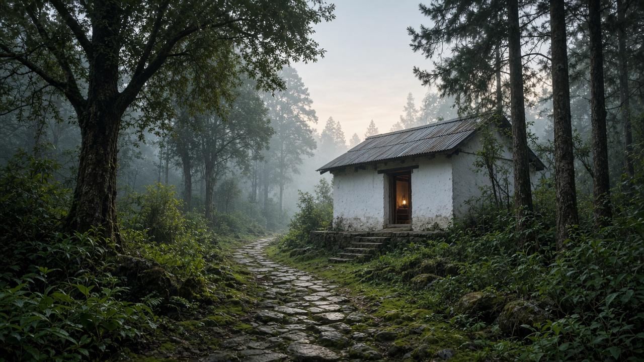 A forest kutir in dawn mist. Still made for this edition; no people.