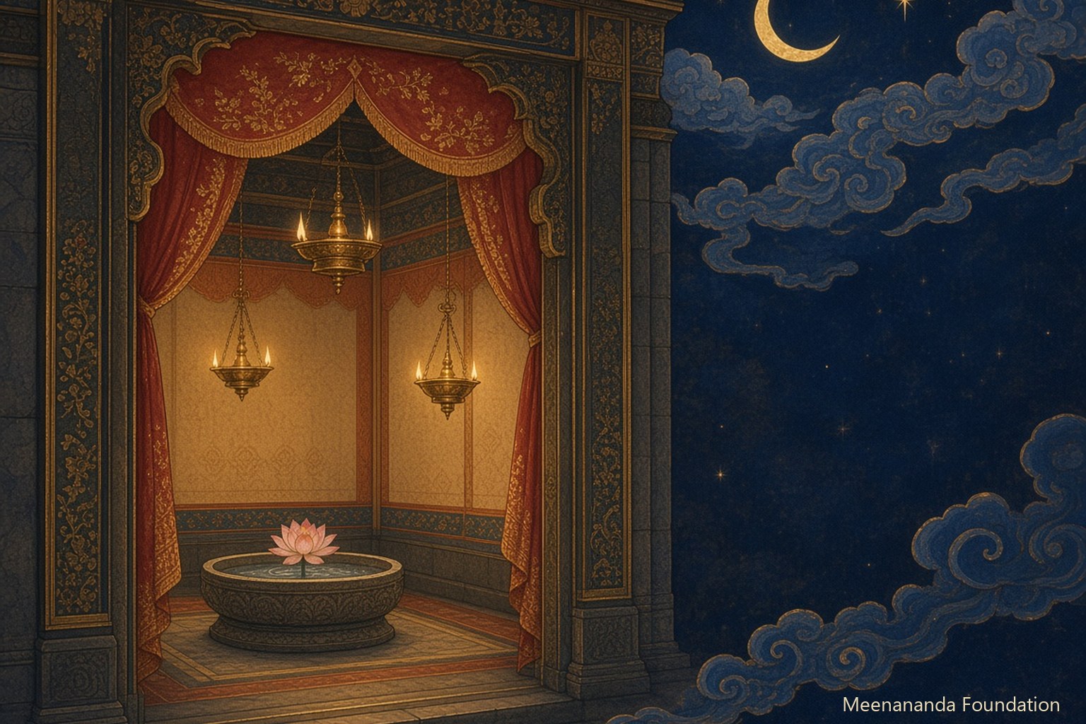 A lamp-lit temple doorway opening onto a quiet inner courtyard