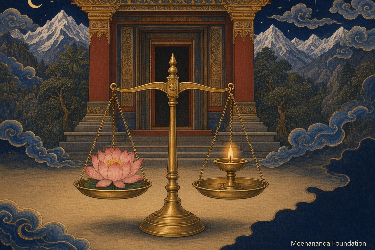 A brass balance holding a lotus and an oil lamp before a temple threshold