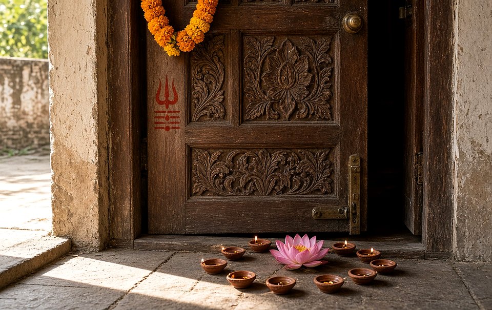 Temple door with marigolds and lamps. No person in the frame.