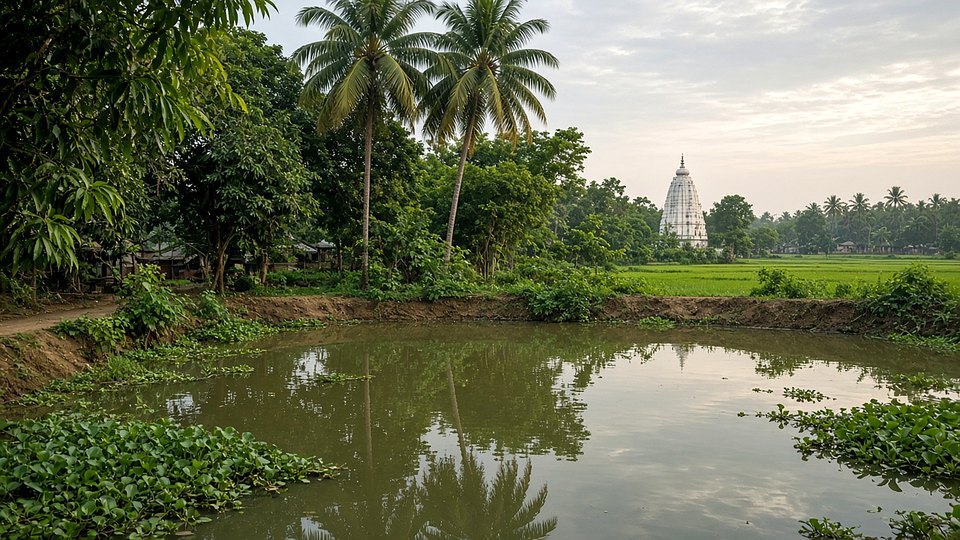 Temple shikhara reflected in a pond at dusk, with paddy fields beyond. No person is in the frame.
