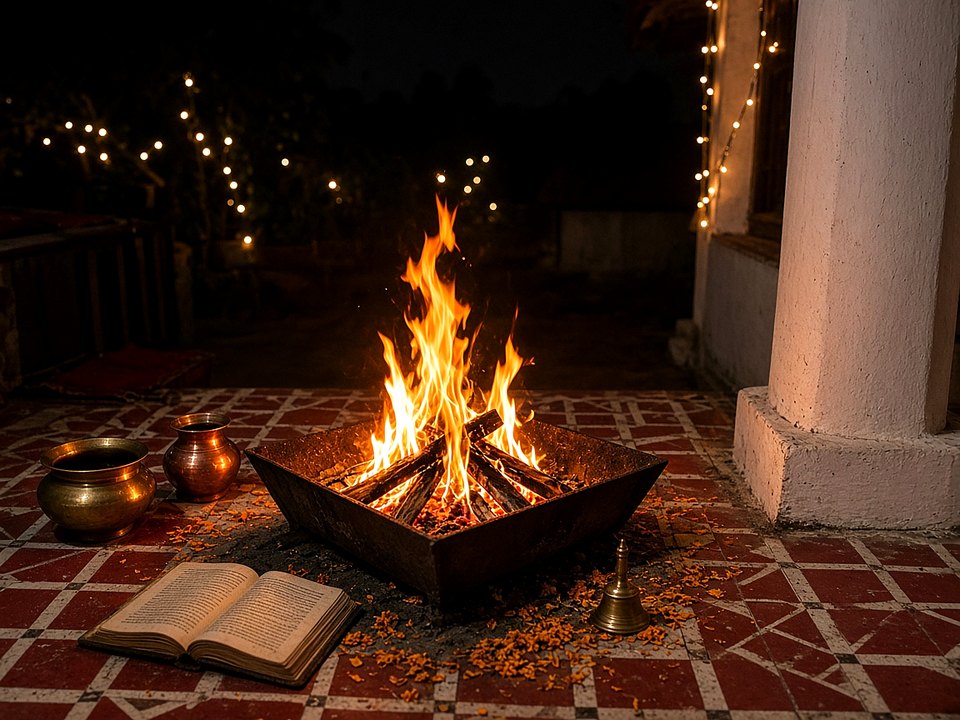 Night homa kunda with fire, copper vessels, and marigolds. No person is in the frame.