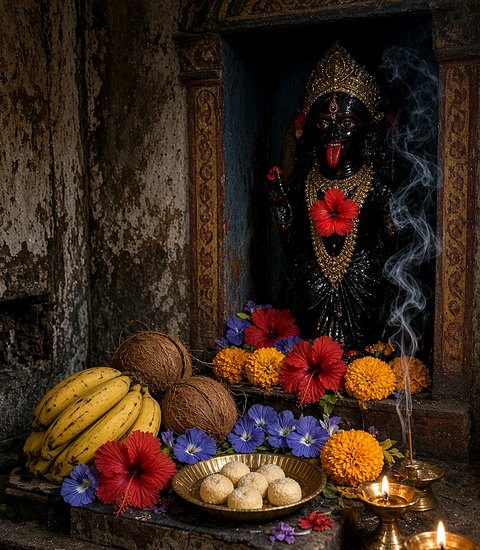 Fruit, flowers, and lamps offered before a Kali murti. No person is in the frame.
