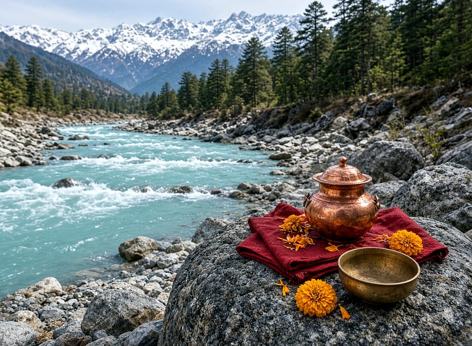 Copper pots and marigolds at a Himalayan river. No person in the frame.